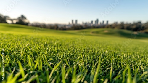 A close-up of lush green grass with a blurred city skyline and gentle hills under a clear sky.