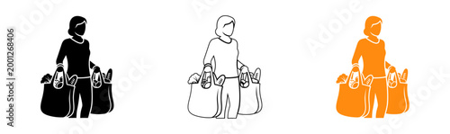 Orange silhouette of a woman carrying multiple shopping bags