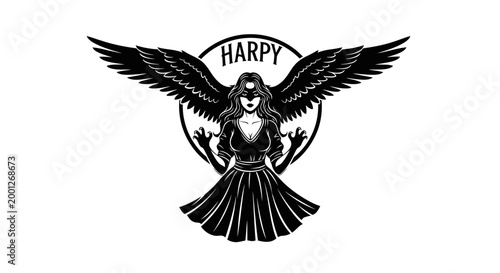 Photos Mythological Harpy Woman Emblem, Black and White Silhouette