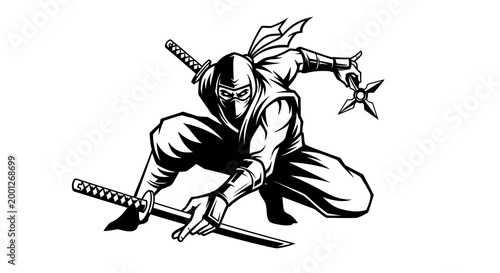 Schilderij op canvas Ninja Warrior with Swords and Shuriken, Crouching Attack Pose, Black and White