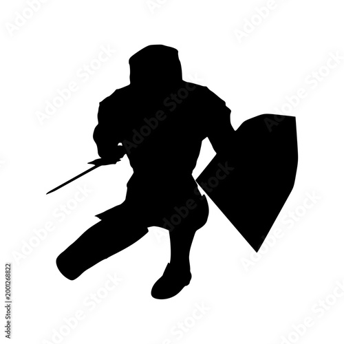 Medieval knight male warrior holding sword, shield isolated on white background. Hero wearing armor. Knight silhouette. For symbol, logo, web icon, mascot and game elements. Protection and security.