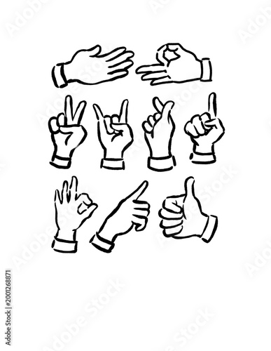 A creative set of hand-drawn hand gestures and signs. Featuring popular symbols like thumbs up, peace, rock on, and heart fingers