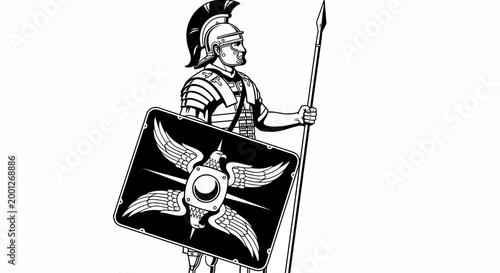 Quadro su tela Roman Legionary Soldier with Spear and Eagle Shield, Ancient Warrior Illustratio