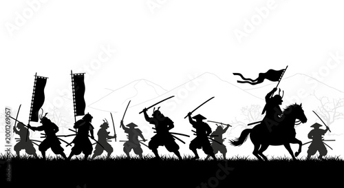 Samurai Warriors Battle Silhouette, Japanese Ancient Army Marching
