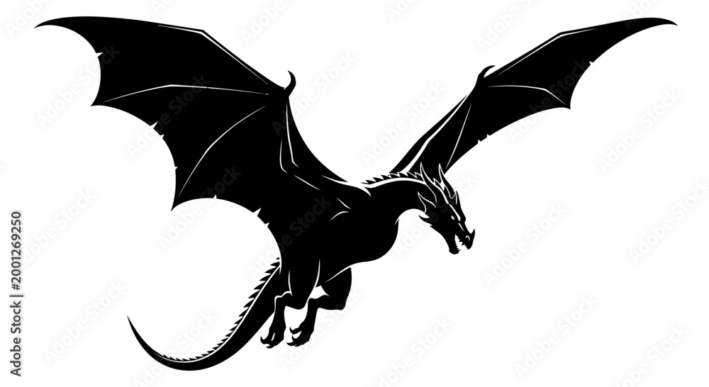 Fototapeta premium Silhouette of a mythical dragon in flight, fantasy creature with large wings, white background