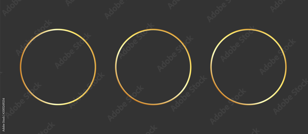 Obraz premium Gold golden frame ring set. Gold circular round frame line glitter luxury thin outline border. Whimsical doodle sparkle light metal effect for wedding logo decoration. Vector illustration