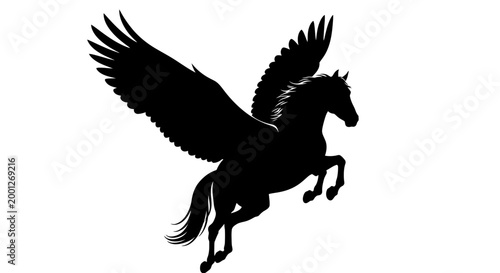 Silhouette of a majestic winged horse, Pegasus, in flight against white background