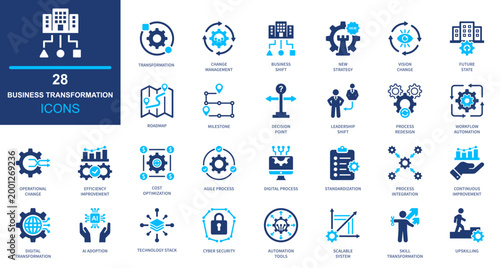 Business automation icon set. workflow, process, system, efficiency, technology. solid style icon collection.