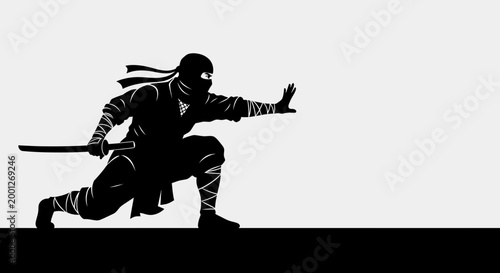 Silhouette of a ninja warrior with sword in action pose, dark fantasy art
