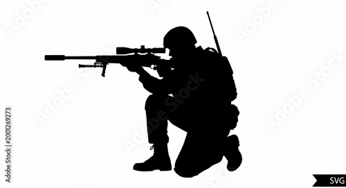 Silhouette of a Soldier Sniper Aiming with Rifle - White Background