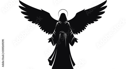 Fotografie Silhouette of an Angel with Open Wings and Halo, Divine Symbol