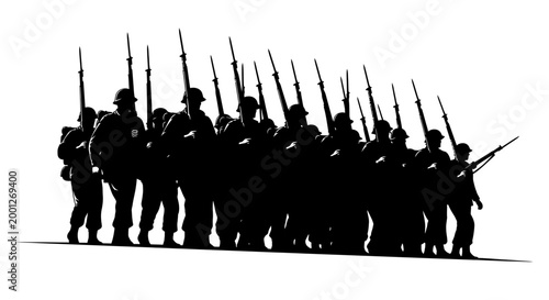 Silhouette of Soldiers Marching with Rifles, Military Formation