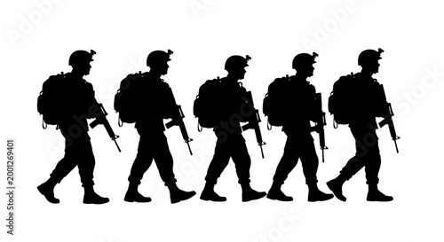 Silhouette of Soldiers Marching with Rifles and Backpacks