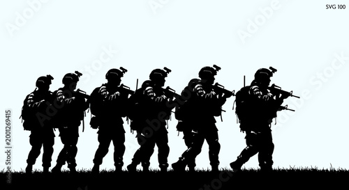 Silhouette of Soldiers Marching with Rifles, Military Team Formation