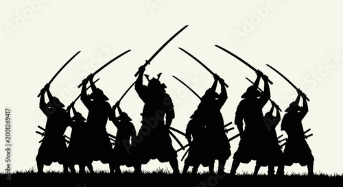 Silhouette Samurai Warriors Battling with Swords on Grass Field