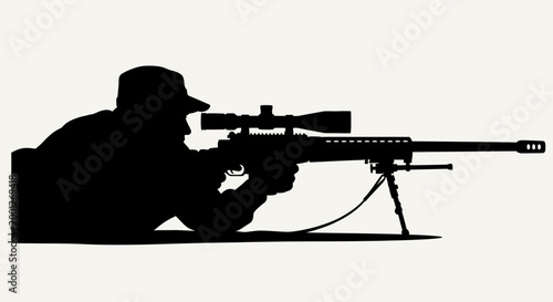 Silhouette Sniper Aiming Rifle with Scope, Military Soldier Crouching