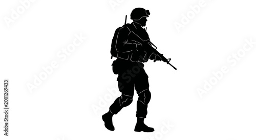Foto Silhouette Soldier Walking with Rifle, Military Figure, Combat Ready