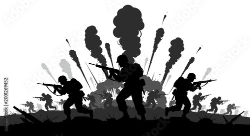 Silhouette soldiers advancing through battlefield explosions and smoke, war concept
