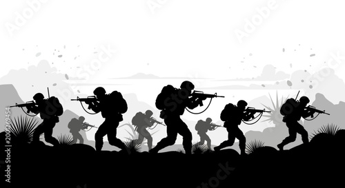 Silhouette soldiers advancing in formation, weapon ready, combat scene