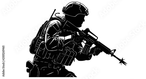 Silhouette Soldier with Rifle, Tactical Gear, Military Action, Combat Ready