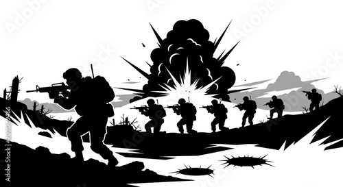 Silhouette soldiers advancing through battlefield with explosion and barbed wire