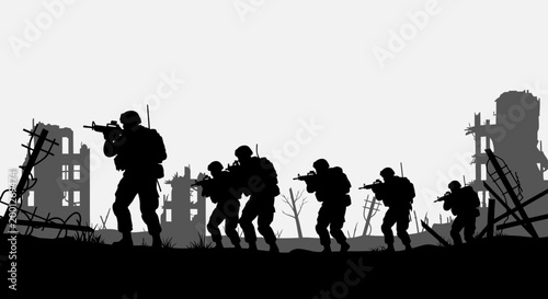 Silhouette Soldiers Advancing Through War-Torn City Ruins
