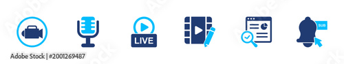 Media broadcast icon set. streaming, audio, video, live, communication. solid style icon collection.