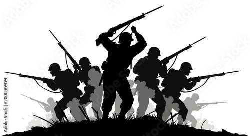 Photos Silhouette soldiers advancing with rifles, wartime combat scene