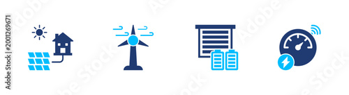 Energy efficiency icon set. solar, wind, building, power, monitoring. solid style icon collection.