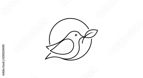 Minimalist Dove with Leaf Icon, Symbolizing Peace and Hope, Line Art Design