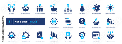 Key benefits icon set. value, advantage, success, growth, performance. solid style icon collection.