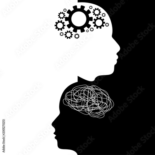 Metaphor bipolar disorder mind mental. Split personality. Concept mood disorder. Two head silhouette. Psychology and mental health. Dual personality concept. Tangle knot and gears as brain.