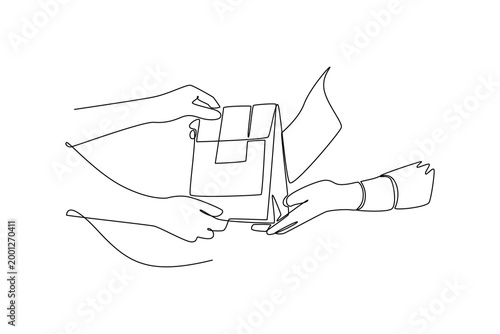people woman hand glove happy enjoy buy fast food carry send paper box pick up. Takeaway and Delivery concept. Single line draw design. Vector graphic illustration