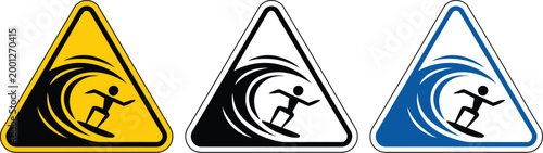 Surfing hazard warning sign icon set, vector triangle icons featuring wave and surfer symbols in yellow black and blue representing ocean safety and hazard prevention graphics.