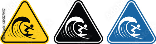 Surfing hazard warning sign icon set, wave and surfer symbol in yellow black and blue triangle styles for safety alerts water sport caution and risk warning design.