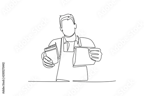 young barista holding coffee to go in paper cup and take away food. Takeaway and Delivery concept. Single line draw design. Vector graphic illustration