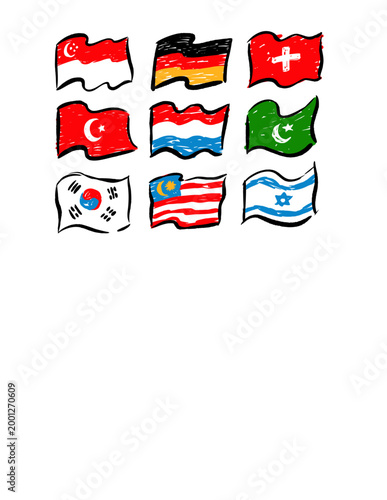 A creative set of hand-drawn national flags featuring Singapore, Germany, Switzerland, Turkey, Netherlands, Pakistan, South Korea, Malaysia, and Israel