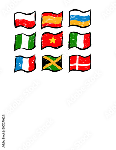 A colorful collection of hand-drawn national flags featuring Poland, Spain, Russia, Vietnam, Italy, France, Jamaica, and Denmark