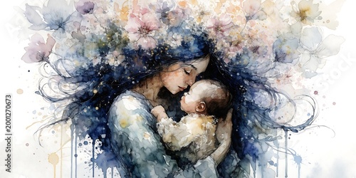 Impressionistic watercolor of mother and child with floral elements, hand painted
