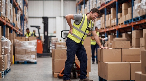 warehouse worker wearing a high-visibility vest grimacing and holding his lower back in pain while standing next to a pallet jack loaded with heavy cardboard boxes