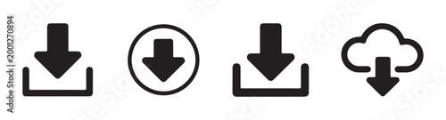 Set of download icons featuring various arrow styles including circle and cloud symbols for web applications.