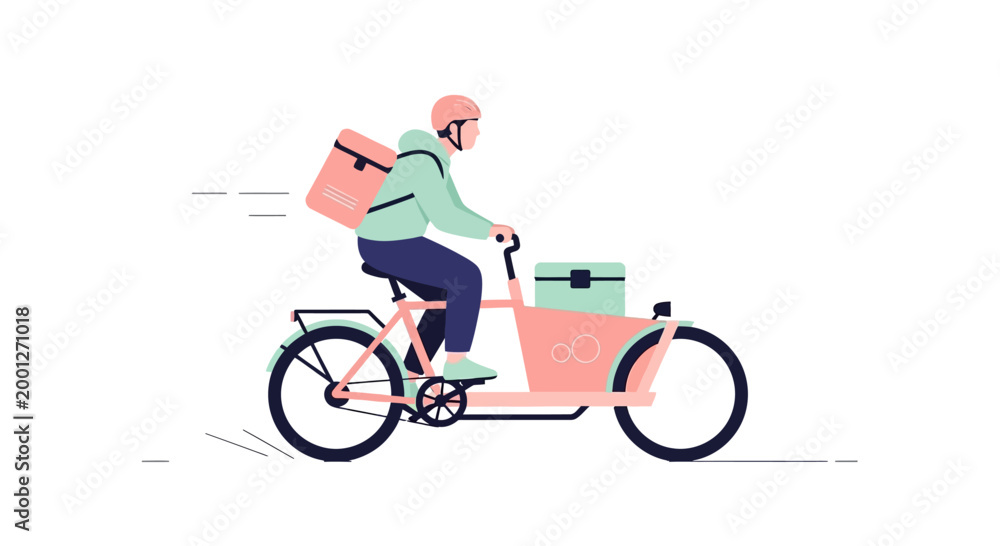 Fototapeta premium Delivery cyclist on cargo bike with insulated bags, fast urban transport, eco-friendly logistics