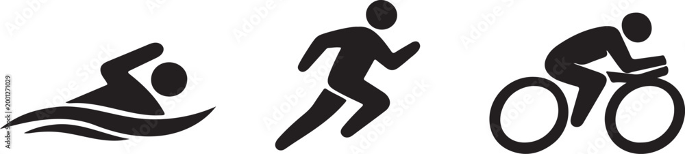 Obraz premium triathlon icons set swimming running cycling sports silhouette athlete competition symbols vector illustration