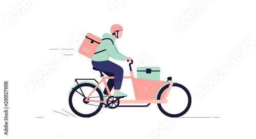 Delivery cyclist on cargo bike with insulated bags, fast urban transport, eco-friendly logistics
