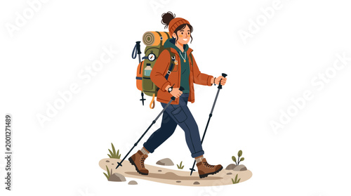 Woman hiker with backpack and trekking poles on path