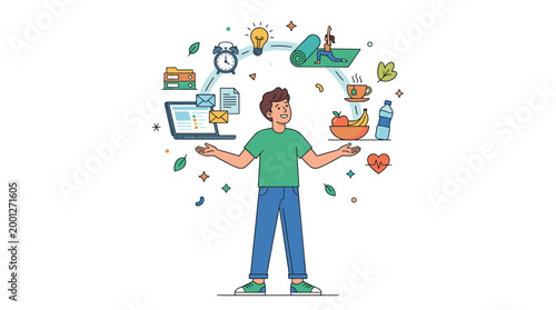 Man juggling work tasks and healthy lifestyle elements