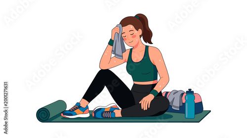 Woman sitting on yoga mat wiping sweat after workout