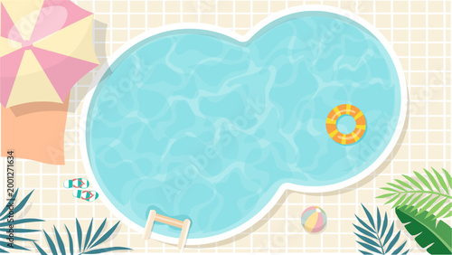 Top view of a swimming pool with turquoise water, a lifebuoy, and a beach umbrella. Flat vector illustration of a summer poolside with palm leaves. Refreshing summer holiday background