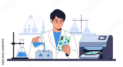 Scientist printing custom phone case with floral design in laboratory