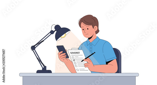 Student studying with phone and checklist, desk lamp illuminating work